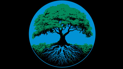 Vibrant green tree with deep blue roots in a circular design, symbolizing nature, growth, and ecological balance. Digital illustration.