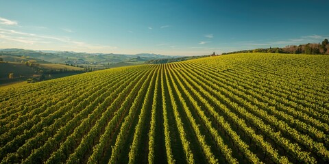 Vineyard rows with Sangiovese grapes in Montalcino Tuscany, highlighting agricultural activity during harvest season