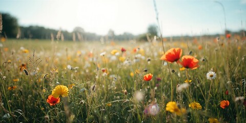 Vivid display of wildflowers like corn marigold and poppies amid grass, ideal for floral pattern backgrounds
