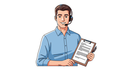 Smiling man with headset holds clipboard and pen against white background
