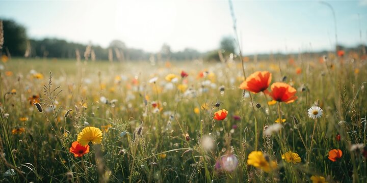 Vivid display of wildflowers like corn marigold and poppies amid grass, ideal for floral pattern backgrounds
