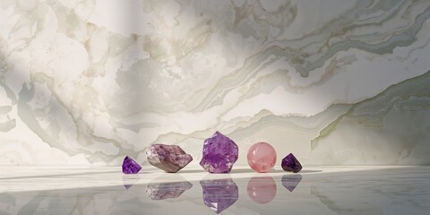 Collection of gemstones including fluorite, amethyst, and rose quartz on a marble surface, used for crystal healing and relaxation