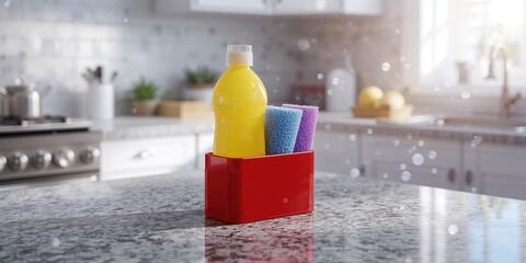 Countertop with soap dispenser and cleaning sponges, emphasizing sanitation tools