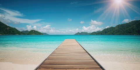 Wooden pier in tranquil sea environment with white sand shoreline, ideal for UI backdrop