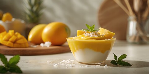 Mango coconut pudding featuring fresh fruit and smooth consistency, suitable for dessert menu background, World Food Day