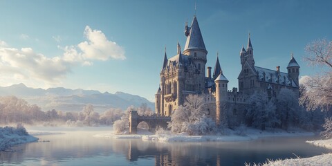 Obraz premium Gothic castle featuring ornate chimneys and imposing structure amidst a winter alpine setting, seasonal change focus