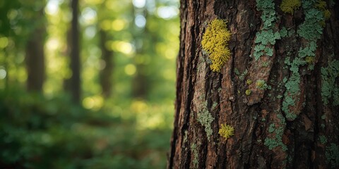 Obraz premium Close-up of tree bark with lichen illustrating natural textures for environmental awareness campaigns