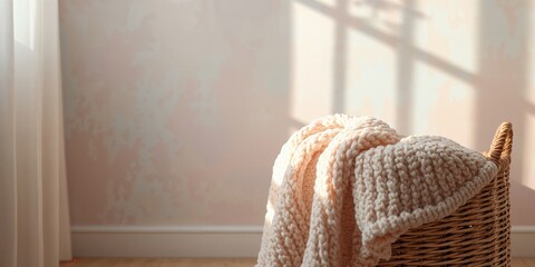 Chunky knit blanket stored in a rooms basket, suitable for enhancing home comfort,