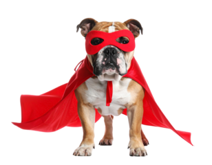 Bulldog Superhero in Red Cape Standing Proudly, Front View, isolated on transparent background