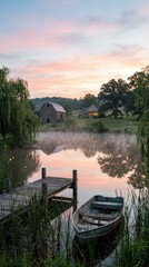 Fototapeta premium Serene Lakeside View with Barn and Boat at Dawn