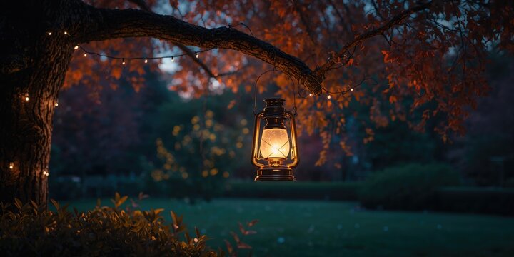 Tree adorned with a hanging lantern to provide ambient lighting for outdoor celebrations