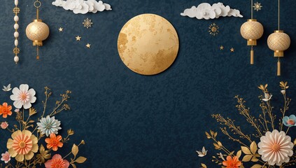 Ornamental gold motifs featuring moon, stars, clouds, lanterns, fireworks, flowers in an oriental design for Chinese New Year, Mid Autumn, festive display