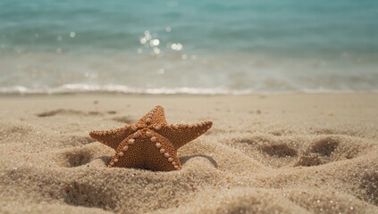 Starfish specimens dried and laid out on beach sand, serving as a natural background for text or graphics