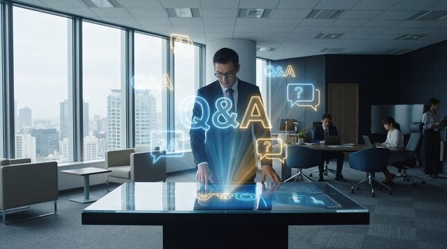 Businessman interacting with futuristic digital interface in modern office - Powered by Adobe