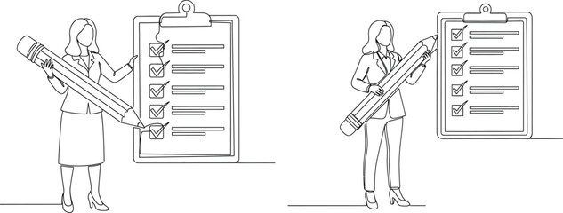 Continuous line art of woman holding pencil near checklist, business task management concept