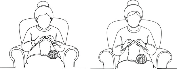 Fototapeta premium Continuous line drawing of elderly woman knitting while sitting comfortably in armchair
