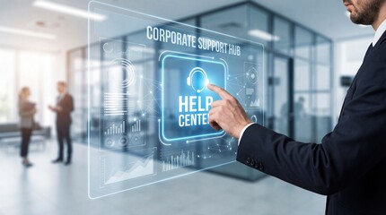 Businessman interacting with futuristic corporate support hub interface