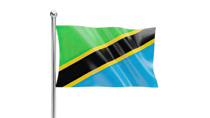 Tanzania Flag Waving on Pole Against White Background