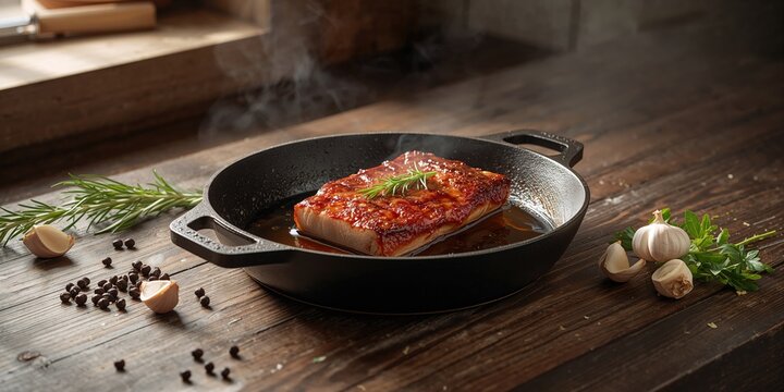 Pork belly being cooked in a cast iron pan, emphasizing maintenance of cookware for optimal results, food safety