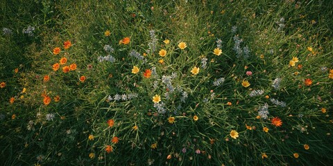 Top view of a vibrant flower field with lush grass, suitable for editorial header backgrounds, Earth Day