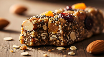 Nutritious energy bar with nuts and seeds on a wooden surface with dried fruits and almonds scattered around