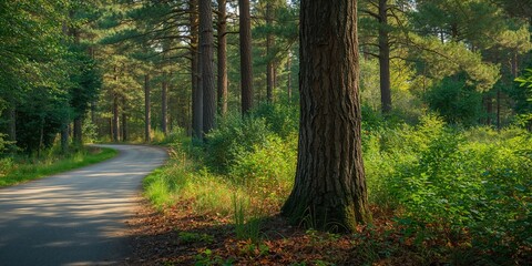 Obraz premium Pine forest scene with dense trees serving as a natural background for environmental studies