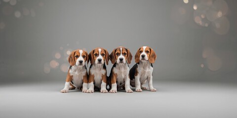 Group of tricolor beagle puppies sitting against a neutral grey backdrop, highlighting youthful energy and charm