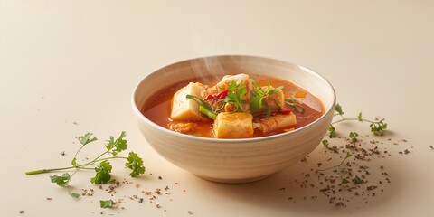Spicy Korean tofu soup prepared with red pepper paste, highlighting flavor profile, food and drink, beneficial dish