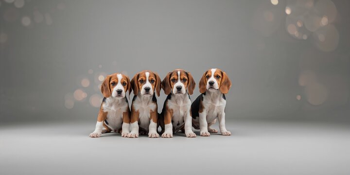 Group of tricolor beagle puppies sitting against a neutral grey backdrop, highlighting youthful energy and charm