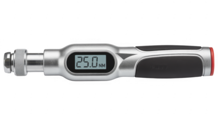 Digital torque wrench with 25.0NM reading on screen digital tool 25.0 NM isolated on a transparent background