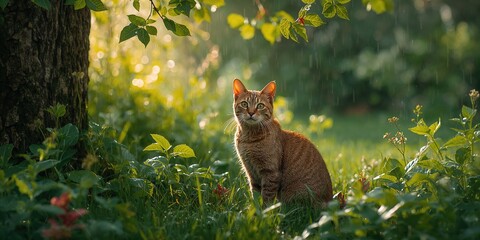 Rain-soaked feline amid vibrant green foliage, highlighting wildlife adaptation and moisture exposure