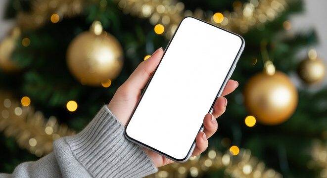 Smartphone-Mockup mit leerem Bildschirm in der Hand vor dem Hintergrund eines Weihnachtsbaums