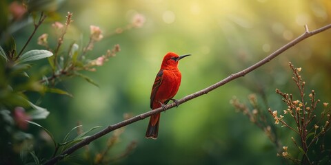 Red avadavat in flight against a clear sky, highlighting migratory behavior, World Migratory Bird Day