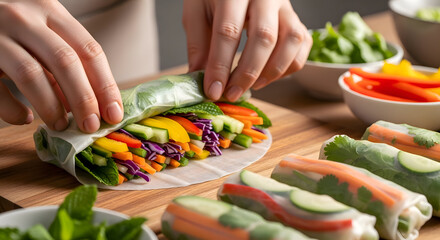 Hands preparing fresh spring rolls with vegetables on a wooden cutting board with bowls of ingredients
