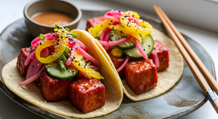 Delicious koreanstyle tacos with tofu and vegetables on a plate with chopsticks