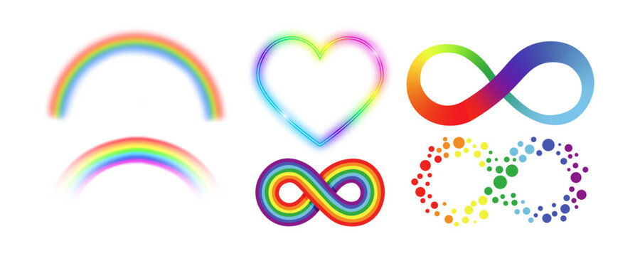 Neurodiversity collection with rainbow infinity symbols, heart shapes, and arcs for autism awareness