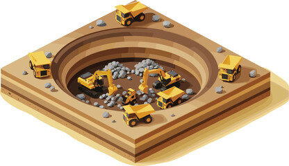 Isometric mining site illustration, excavation pit, heavy machinery, dump trucks, geological layers, construction equipment, industrial scene, earthmoving operation, terrain detail © Afjal
