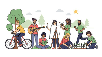 Fototapeta premium Group of diverse people enjoying outdoor activities including cycling music art and gardening