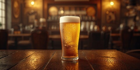 Glass of artisanal beer placed on rustic wooden surface, highlighting craft brewing techniques