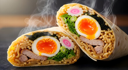 Steaming hot ramen burrito cut in half on a dark surface