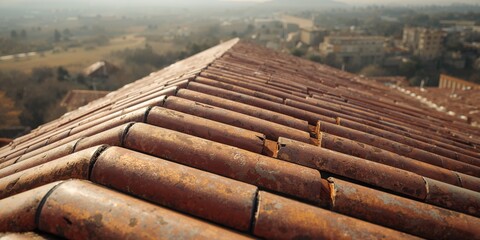 Wavy arrangement of aged roof tiles showcasing textures and color variation under sunlight, highlighting surface wear