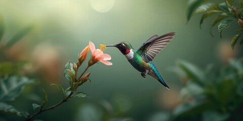Fototapeta premium Hummingbird feeding on a vibrant pink blossom, illustrating nature's pollination process, in natural light, World Biodiversity Day