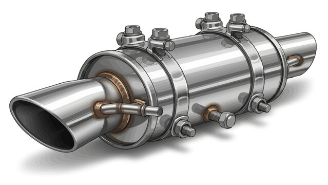 Illustration of a polished metallic automotive muffler or resonator with clamping bands
