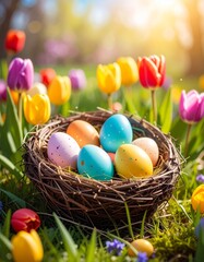 Obraz premium Frühlingsgrußkarte Ostereier im Nest mit Tulpen