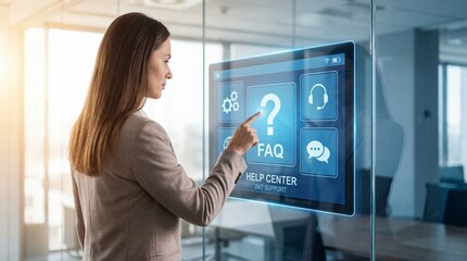 Businesswoman interacting with futuristic FAQ help center screen