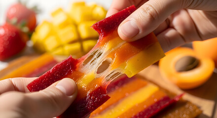 Hands holding a piece of fruit leather with melted cheese,  a sweet and savory snack