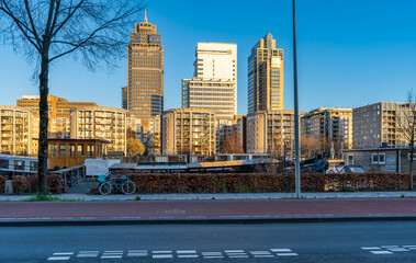 Modern office towers located in the Omval neighbourhood on the shores of river Amstel in Amsterdam-Oost, The Netherlands