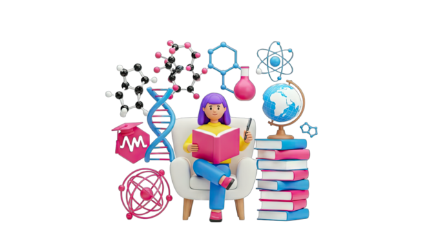 Student Reading Book Surrounded by Science Elements - Powered by Adobe