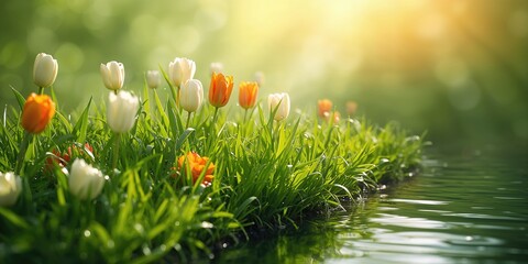 Water and flowers with orange and green hues in a garden setting, suitable for spring or summer design backgrounds