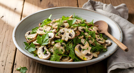 A delicious mushroom and herb salad in a bowl with a wooden spoon,  perfect for healthy eating